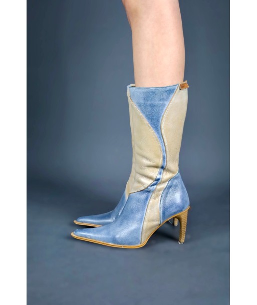 Botte pointues en cuir beige et bleu Livraison rapide