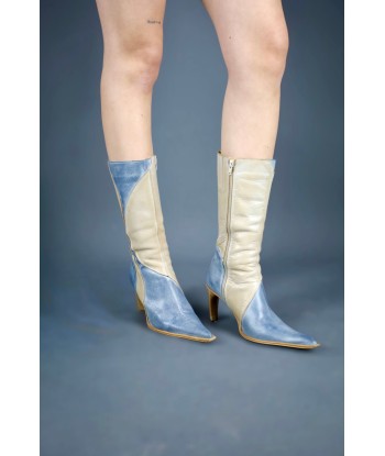 Botte pointues en cuir beige et bleu Livraison rapide