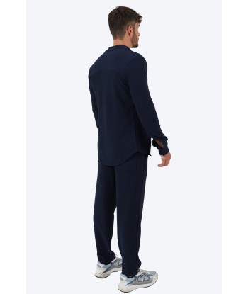 ENSEMBLE PLISSÉ CHEMISE COL MAO ET PANTALON - BLEU prix